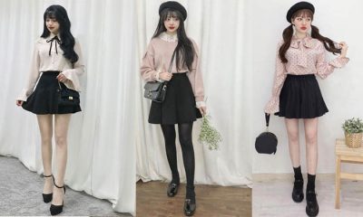 Chân váy xòe đen + áo sơ mi kiểu