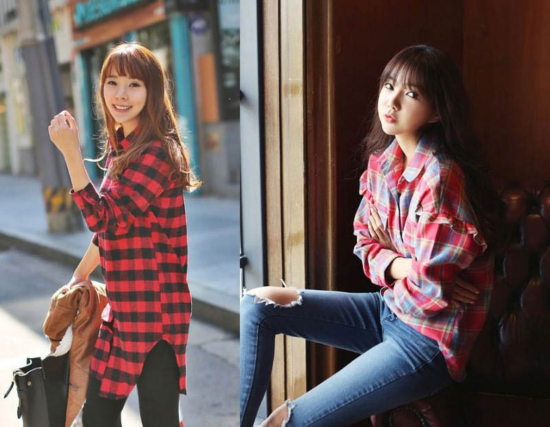 Sơ mi kẻ caro phối với quần jean đơn giản