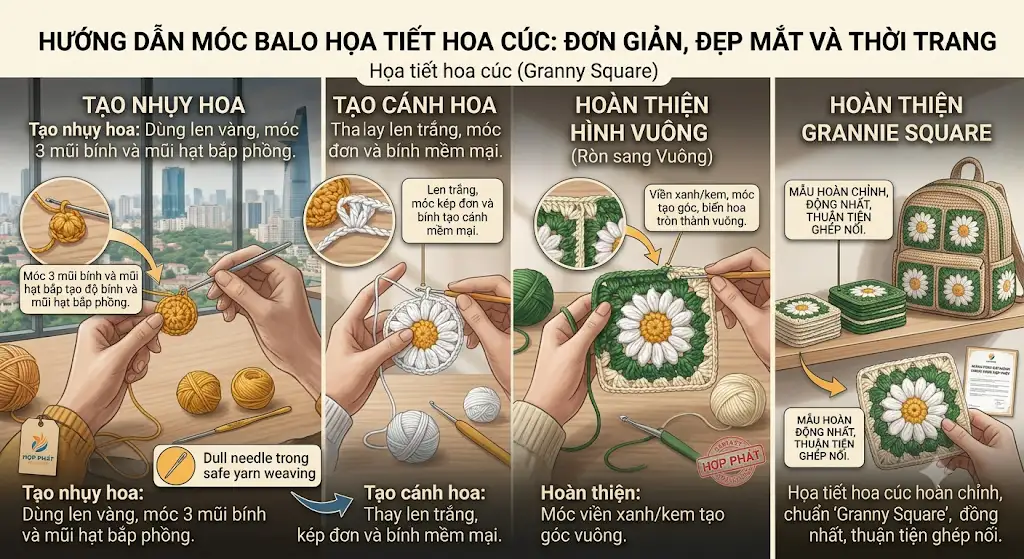 Hướng dẫn móc balo họa tiết hoa cúc: Đơn giản, đẹp mắt và thời trang - Hướng dẫn móc balo họa tiết hoa cúc
