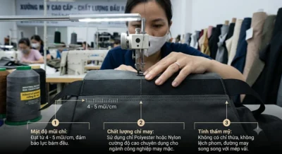 Quai Xách Trợ Lực Tại Xưởng May Cặp Laptop