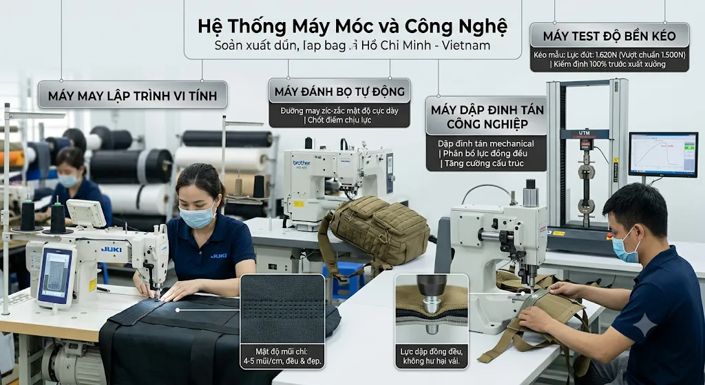 Quai Xách Trợ Lực Tại Xưởng May Cặp Laptop